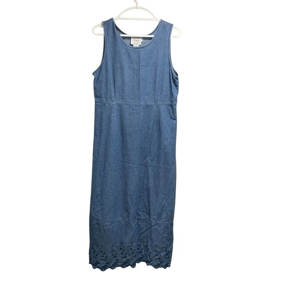 Vintage Countrywear Casuals Womens Maxi Denim Dress Jumper Embroidered Flowers M - Picture 1 of 7